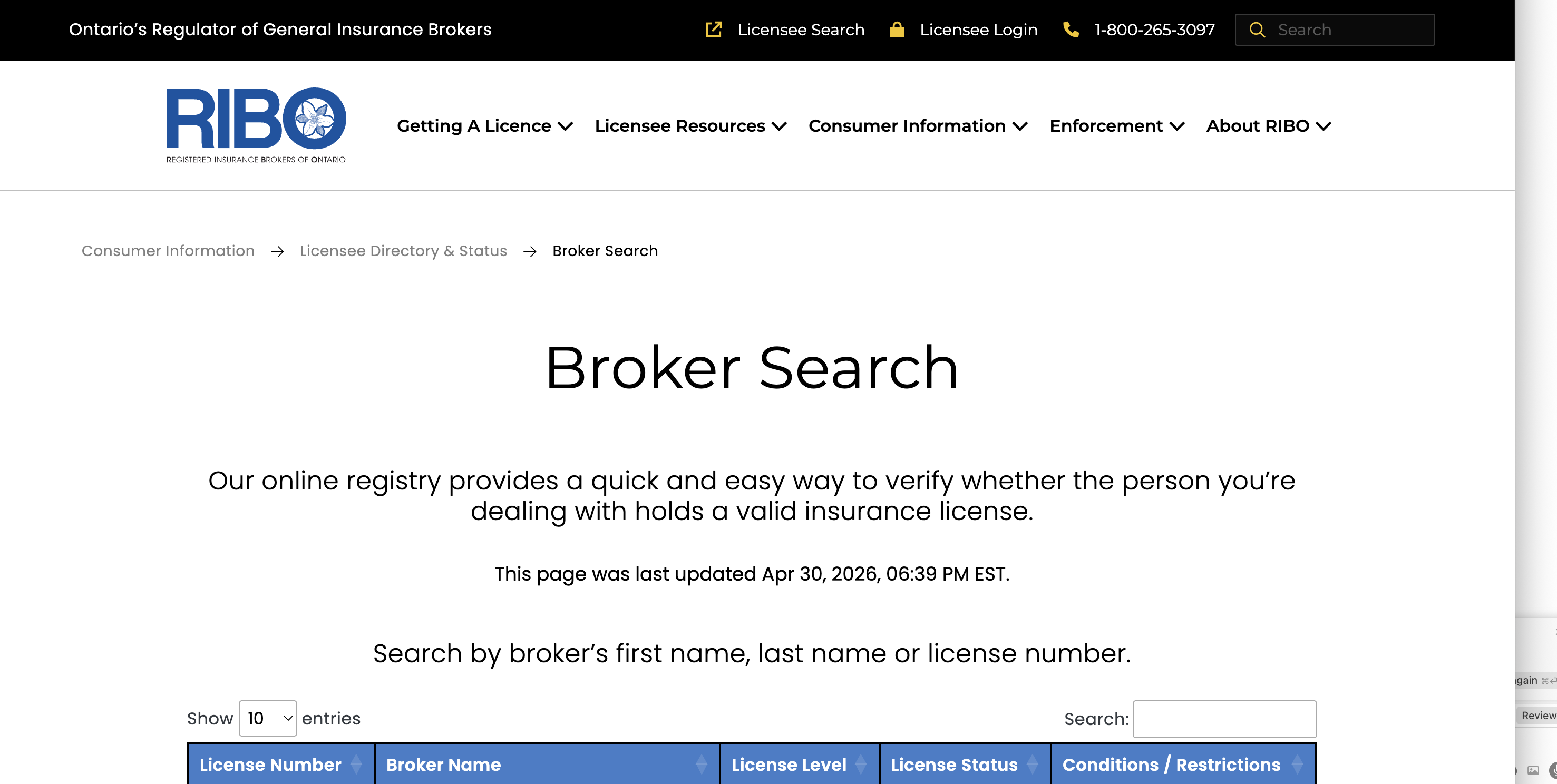 Example RIBO Broker Search screen on ribo.com