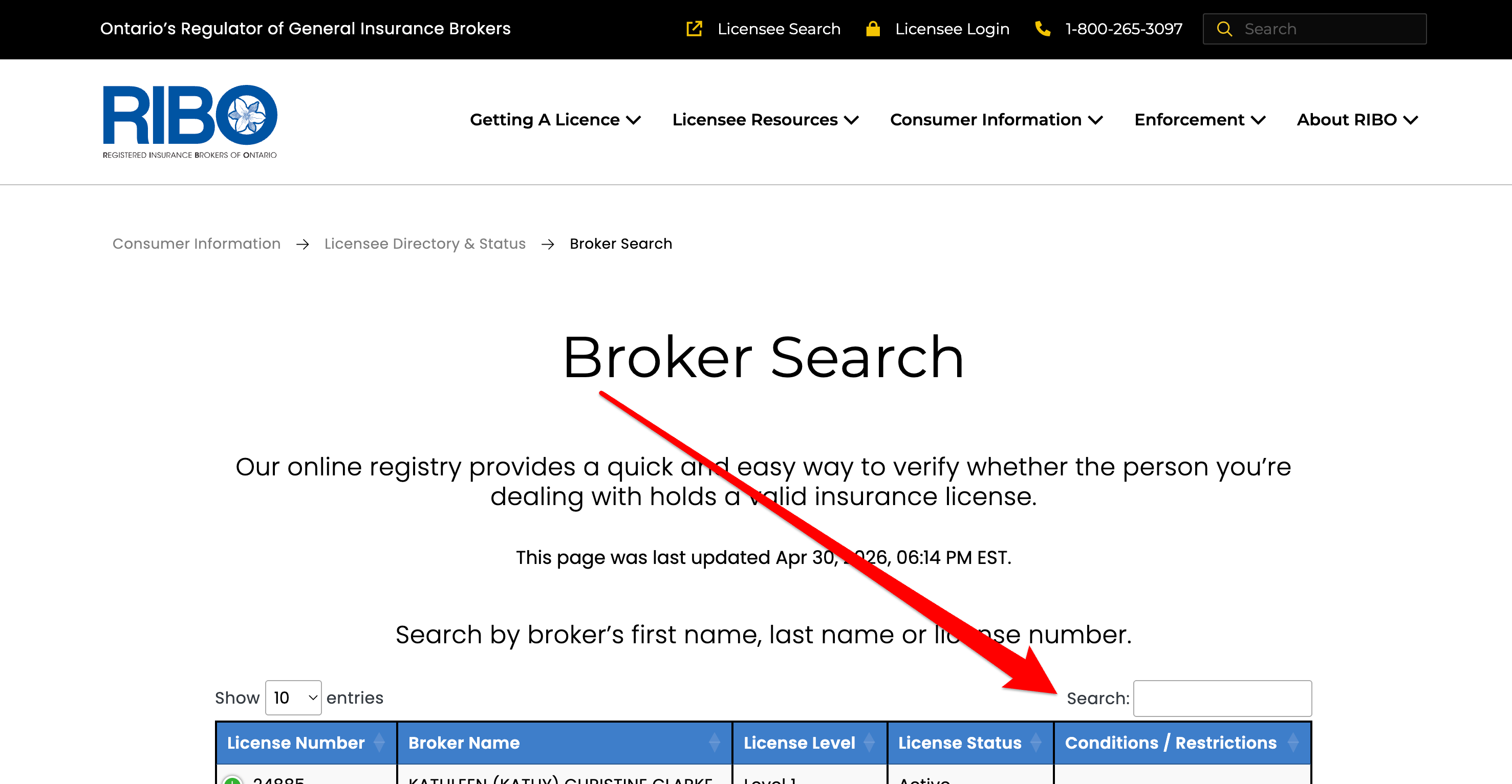 RIBO Broker Search filtered by broker name on ribo.com