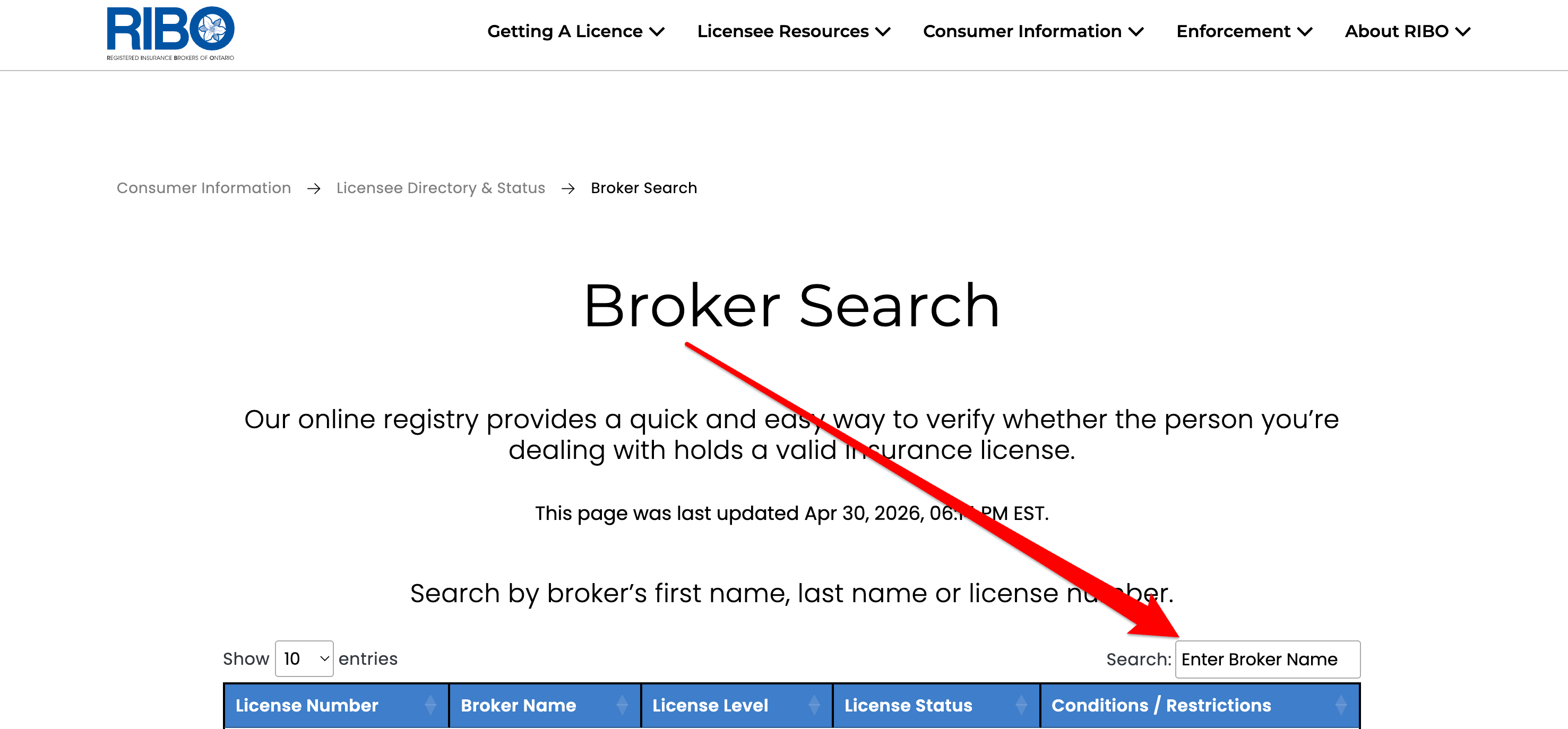 RIBO Broker Search result showing the broker licence status and where they are authorized to practise on ribo.com