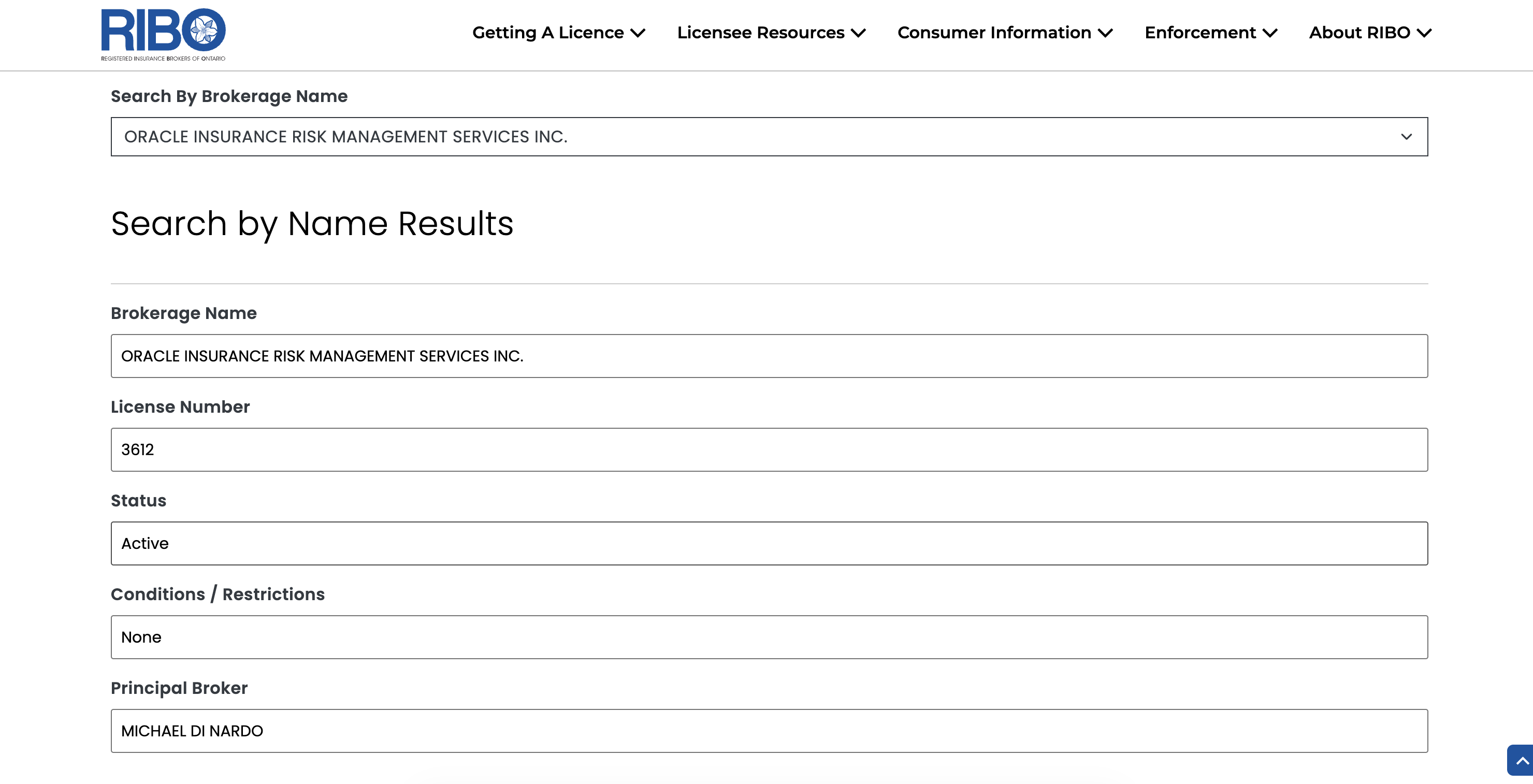 RIBO brokerage record showing licence number, Active status, and licence class